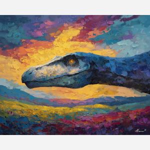 dinosaur, modern art, palette knife, oil painting, impasto, textured surface, contemporary, expressive, visual art, creative, abstract, painterly, bold colors, concept art, illustrative, graphic
