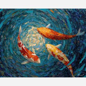koi, fish, modern art, palette knife, oil painting, impasto, textured surface, contemporary, expressive, visual art, creative, abstract, painterly, bold colors, concept art, illustrative, graphic