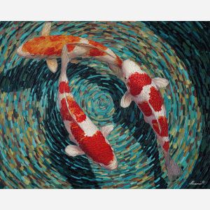koi, fish, modern art, palette knife, oil painting, impasto, textured surface, contemporary, expressive, visual art, creative, abstract, painterly, bold colors, concept art, illustrative, graphic