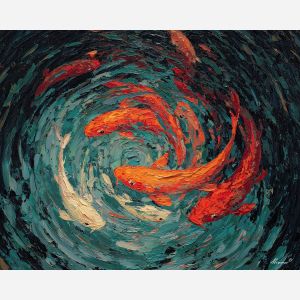 koi, fish, modern art, palette knife, oil painting, impasto, textured surface, contemporary, expressive, visual art, creative, abstract, painterly, bold colors, concept art, illustrative, graphic