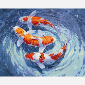 koi, fish, modern art, palette knife, oil painting, impasto, textured surface, contemporary, expressive, visual art, creative, abstract, painterly, bold colors, concept art, illustrative, graphic