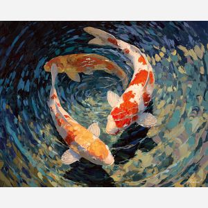 koi, fish, modern art, palette knife, oil painting, impasto, textured surface, contemporary, expressive, visual art, creative, abstract, painterly, bold colors, concept art, illustrative, graphic