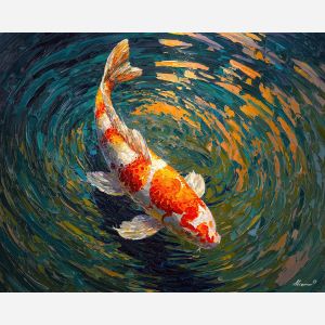 koi, fish, modern art, palette knife, oil painting, impasto, textured surface, contemporary, expressive, visual art, creative, abstract, painterly, bold colors, concept art, illustrative, graphic