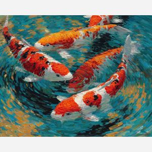 koi, fish, modern art, palette knife, oil painting, impasto, textured surface, contemporary, expressive, visual art, creative, abstract, painterly, bold colors, concept art, illustrative, graphic