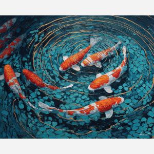 koi, fish, modern art, palette knife, oil painting, impasto, textured surface, contemporary, expressive, visual art, creative, abstract, painterly, bold colors, concept art, illustrative, graphic