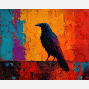 raven, modern art, palette knife, oil painting, impasto, textured surface, contemporary, expressive, visual art, creative, abstract, painterly, bold colors, concept art, illustrative, graphic