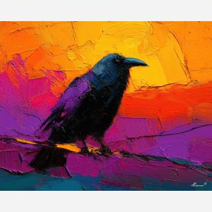 raven, modern art, palette knife, oil painting, impasto, textured surface, contemporary, expressive, visual art, creative, abstract, painterly, bold colors, concept art, illustrative, graphic