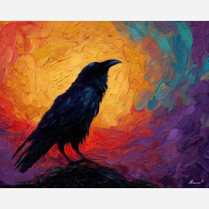 raven, modern art, palette knife, oil painting, impasto, textured surface, contemporary, expressive, visual art, creative, abstract, painterly, bold colors, concept art, illustrative, graphic
