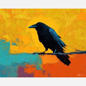 raven, modern art, palette knife, oil painting, impasto, textured surface, contemporary, expressive, visual art, creative, abstract, painterly, bold colors, concept art, illustrative, graphic