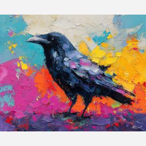 raven, modern art, palette knife, oil painting, impasto, textured surface, contemporary, expressive, visual art, creative, abstract, painterly, bold colors, concept art, illustrative, graphic