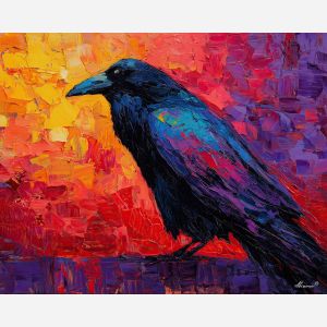 raven, modern art, palette knife, oil painting, impasto, textured surface, contemporary, expressive, visual art, creative, abstract, painterly, bold colors, concept art, illustrative, graphic