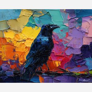 raven, modern art, palette knife, oil painting, impasto, textured surface, contemporary, expressive, visual art, creative, abstract, painterly, bold colors, concept art, illustrative, graphic