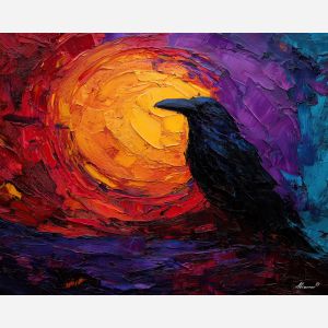 raven, modern art, palette knife, oil painting, impasto, textured surface, contemporary, expressive, visual art, creative, abstract, painterly, bold colors, concept art, illustrative, graphic