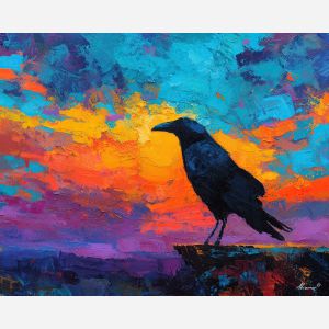 raven, modern art, palette knife, oil painting, impasto, textured surface, contemporary, expressive, visual art, creative, abstract, painterly, bold colors, concept art, illustrative, graphic