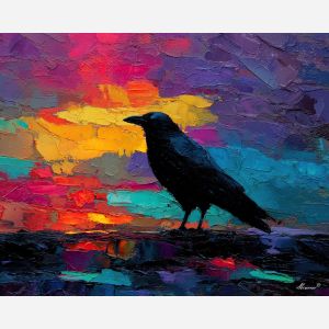raven, modern art, palette knife, oil painting, impasto, textured surface, contemporary, expressive, visual art, creative, abstract, painterly, bold colors, concept art, illustrative, graphic