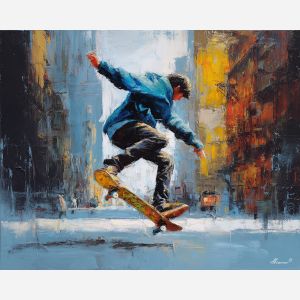 skateboard, modern art, palette knife, oil painting, impasto, textured surface, contemporary, expressive, visual art, creative, abstract, painterly, bold colors, concept art, illustrative, graphic