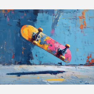 skateboard, modern art, palette knife, oil painting, impasto, textured surface, contemporary, expressive, visual art, creative, abstract, painterly, bold colors, concept art, illustrative, graphic