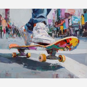 skateboard, modern art, palette knife, oil painting, impasto, textured surface, contemporary, expressive, visual art, creative, abstract, painterly, bold colors, concept art, illustrative, graphic