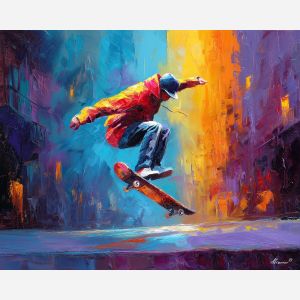 skateboard, modern art, palette knife, oil painting, impasto, textured surface, contemporary, expressive, visual art, creative, abstract, painterly, bold colors, concept art, illustrative, graphic