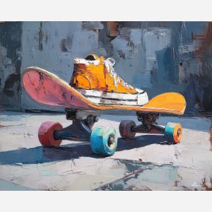 skateboard, modern art, palette knife, oil painting, impasto, textured surface, contemporary, expressive, visual art, creative, abstract, painterly, bold colors, concept art, illustrative, graphic