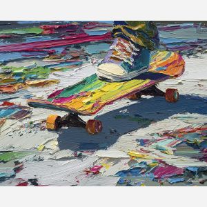 skateboard, modern art, palette knife, oil painting, impasto, textured surface, contemporary, expressive, visual art, creative, abstract, painterly, bold colors, concept art, illustrative, graphic