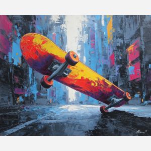 skateboard, modern art, palette knife, oil painting, impasto, textured surface, contemporary, expressive, visual art, creative, abstract, painterly, bold colors, concept art, illustrative, graphic