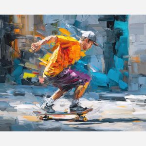 skateboard, modern art, palette knife, oil painting, impasto, textured surface, contemporary, expressive, visual art, creative, abstract, painterly, bold colors, concept art, illustrative, graphic