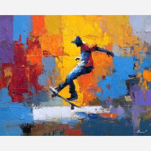 skateboard, modern art, palette knife, oil painting, impasto, textured surface, contemporary, expressive, visual art, creative, abstract, painterly, bold colors, concept art, illustrative, graphic