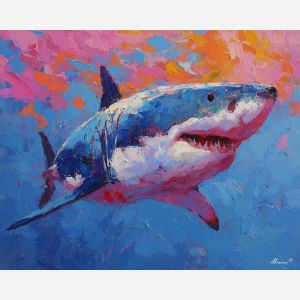 shark, palette knife, oil painting, impasto, textured surface, artwork, expressive, modern, creative, visual art, illustration, bold colors, painterly, contemporary, graphic, conceptual