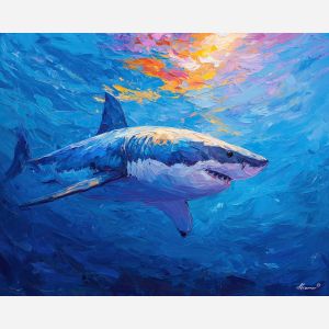 shark, palette knife, oil painting, impasto, textured surface, artwork, expressive, modern, creative, visual art, illustration, bold colors, painterly, contemporary, graphic, conceptual