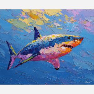 shark, palette knife, oil painting, impasto, textured surface, artwork, expressive, modern, creative, visual art, illustration, bold colors, painterly, contemporary, graphic, conceptual