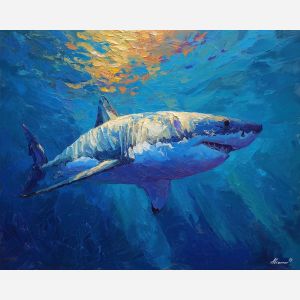 shark, palette knife, oil painting, impasto, textured surface, artwork, expressive, modern, creative, visual art, illustration, bold colors, painterly, contemporary, graphic, conceptual