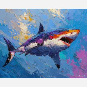 shark, palette knife, oil painting, impasto, textured surface, artwork, expressive, modern, creative, visual art, illustration, bold colors, painterly, contemporary, graphic, conceptual