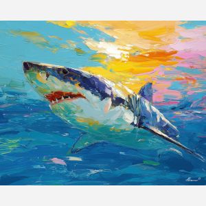 shark, palette knife, oil painting, impasto, textured surface, artwork, expressive, modern, creative, visual art, illustration, bold colors, painterly, contemporary, graphic, conceptual