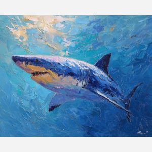 shark, palette knife, oil painting, impasto, textured surface, artwork, expressive, modern, creative, visual art, illustration, bold colors, painterly, contemporary, graphic, conceptual