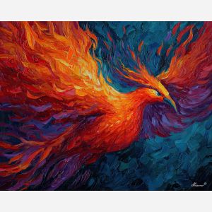 phoenix, palette knife, oil painting, impasto, textured surface, artwork, expressive, modern, creative, visual art, illustration, bold colors, painterly, contemporary, graphic, conceptual