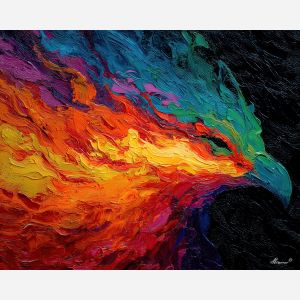 phoenix, palette knife, oil painting, impasto, textured surface, artwork, expressive, modern, creative, visual art, illustration, bold colors, painterly, contemporary, graphic, conceptual