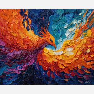 phoenix, palette knife, oil painting, impasto, textured surface, artwork, expressive, modern, creative, visual art, illustration, bold colors, painterly, contemporary, graphic, conceptual