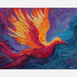 phoenix, palette knife, oil painting, impasto, textured surface, artwork, expressive, modern, creative, visual art, illustration, bold colors, painterly, contemporary, graphic, conceptual