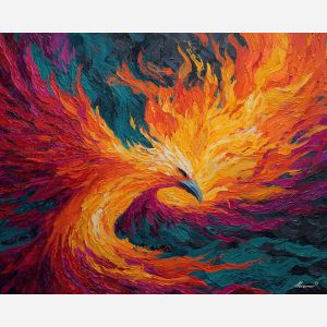 phoenix, palette knife, oil painting, impasto, textured surface, artwork, expressive, modern, creative, visual art, illustration, bold colors, painterly, contemporary, graphic, conceptual