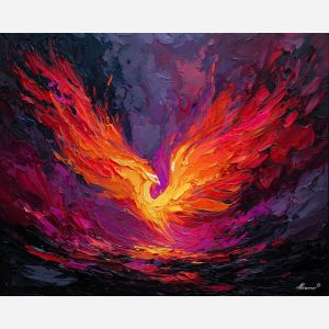 phoenix, palette knife, oil painting, impasto, textured surface, artwork, expressive, modern, creative, visual art, illustration, bold colors, painterly, contemporary, graphic, conceptual