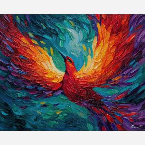 phoenix, palette knife, oil painting, impasto, textured surface, artwork, expressive, modern, creative, visual art, illustration, bold colors, painterly, contemporary, graphic, conceptual
