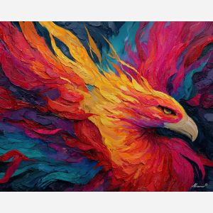 phoenix, palette knife, oil painting, impasto, textured surface, artwork, expressive, modern, creative, visual art, illustration, bold colors, painterly, contemporary, graphic, conceptual