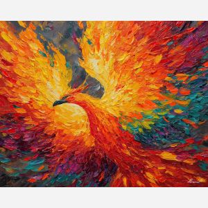 phoenix, palette knife, oil painting, impasto, textured surface, artwork, expressive, modern, creative, visual art, illustration, bold colors, painterly, contemporary, graphic, conceptual