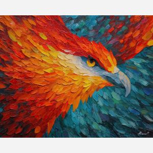 phoenix, palette knife, oil painting, impasto, textured surface, artwork, expressive, modern, creative, visual art, illustration, bold colors, painterly, contemporary, graphic, conceptual