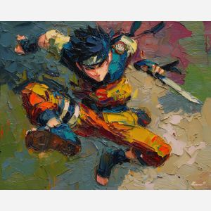naruto, palette knife, oil painting, impasto, textured surface, artwork, expressive, modern, creative, visual art, illustration, bold colors, painterly, contemporary, graphic, conceptual