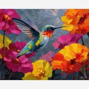 hummingbird, palette knife, oil painting, impasto, textured surface, artwork, expressive, modern, creative, visual art, illustration, bold colors, painterly, contemporary, graphic, conceptual