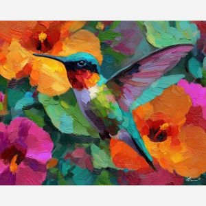hummingbird, palette knife, oil painting, impasto, textured surface, artwork, expressive, modern, creative, visual art, illustration, bold colors, painterly, contemporary, graphic, conceptual