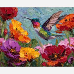hummingbird, palette knife, oil painting, impasto, textured surface, artwork, expressive, modern, creative, visual art, illustration, bold colors, painterly, contemporary, graphic, conceptual