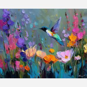 hummingbird, palette knife, oil painting, impasto, textured surface, artwork, expressive, modern, creative, visual art, illustration, bold colors, painterly, contemporary, graphic, conceptual